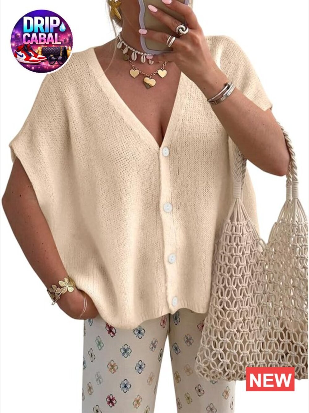 Oversized Batwing Short Sleeve V-Neck Cardigan Lightweight Summer Knit Tops